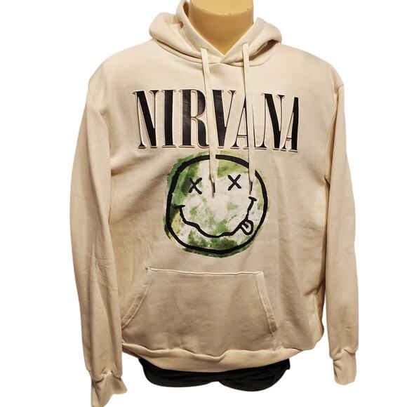 Nirvana Pullover Hoodie Light Birch Smiley Embossed Beige 2XL NWT - Picture 1 of 6